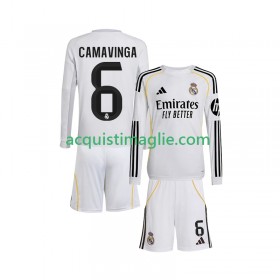 Divisa di Calcio Real Madrid Camavinga 6 Bambino Prima 2025/2026 Manica Lunga